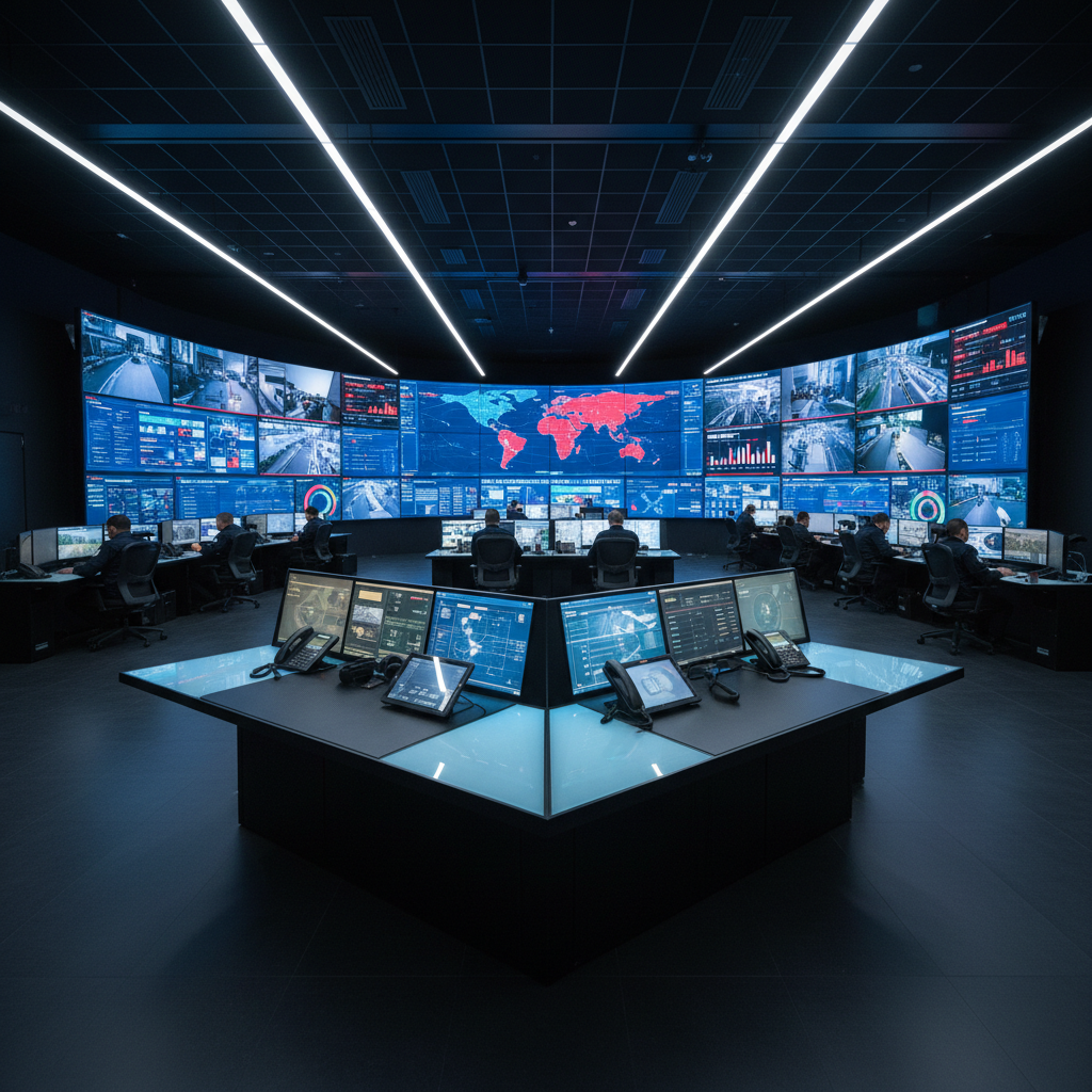 An expansive, high-tech operations room filled with curved, wall-to-wall digital displays shows detailed maps, live security feeds, and color-coded dashboards of national safety indicators, all rendered in crisp blues and muted reds. In the foreground, a central command console crafted from matte black metal and glass glows with touch-sensitive interfaces and neatly arranged secure communication devices. Cool, controlled overhead LED lighting creates precise reflections on the glass surfaces while keeping the room evenly illuminated without harsh shadows. The mood is vigilant and highly professional, conveying constant oversight and readiness. Captured from a slightly elevated wide-angle perspective in sharp photographic realism, the composition emphasizes depth, with rows of minimalist workstations receding into the background, suggesting scale, coordination, and modern interior ministry capability.