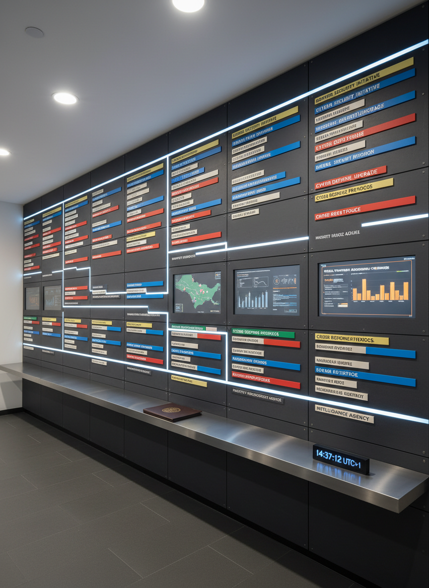 A secure interior ministry situation board fills an entire wall, featuring magnetic panels and digital screens seamlessly integrated into a matte slate surface. Color-coded magnetic tags mark key project milestones and security initiatives, while slim LED strips trace timelines and inter-agency connections. A sleek, narrow console table below the board holds only a closed, embossed strategic report and a minimalist digital clock displaying coordinated national time. Neutral overhead lighting produces even illumination, reducing glare and making every detail legible, reinforcing a mood of precision and disciplined coordination. Captured from a wide, slightly angled perspective in crisp photographic realism, the composition emphasizes the structured layout of information and the calm, methodical nature of national interior governance.